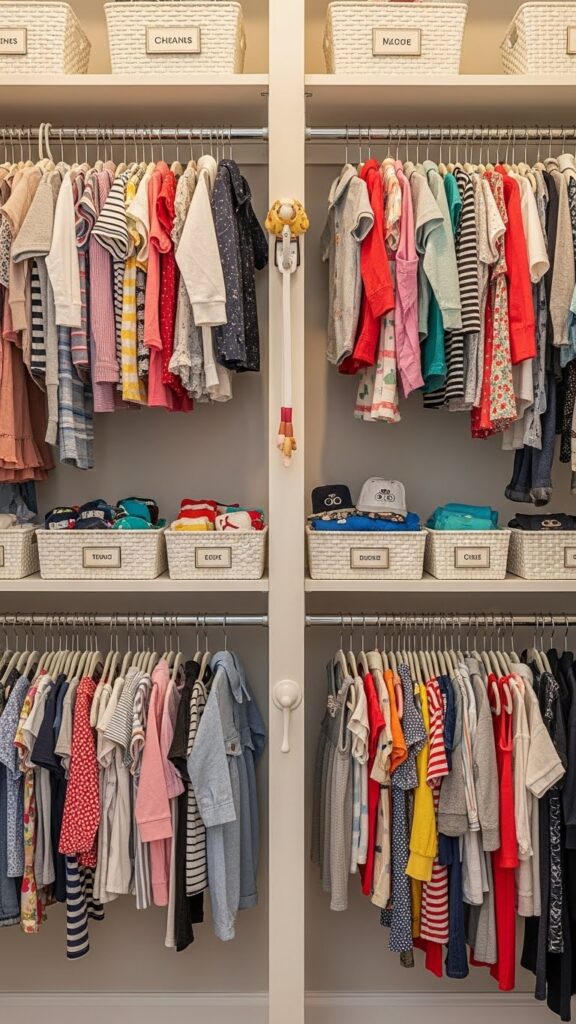 Double hanging rods in shared kids closet with left and right sides designated for each sibling
