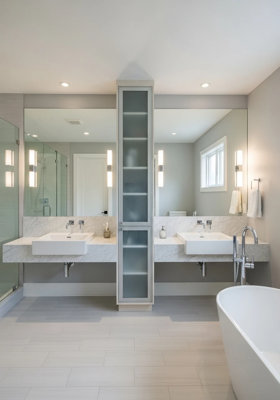 Double sink bathroom vanity with individual mirrors and center storage tower