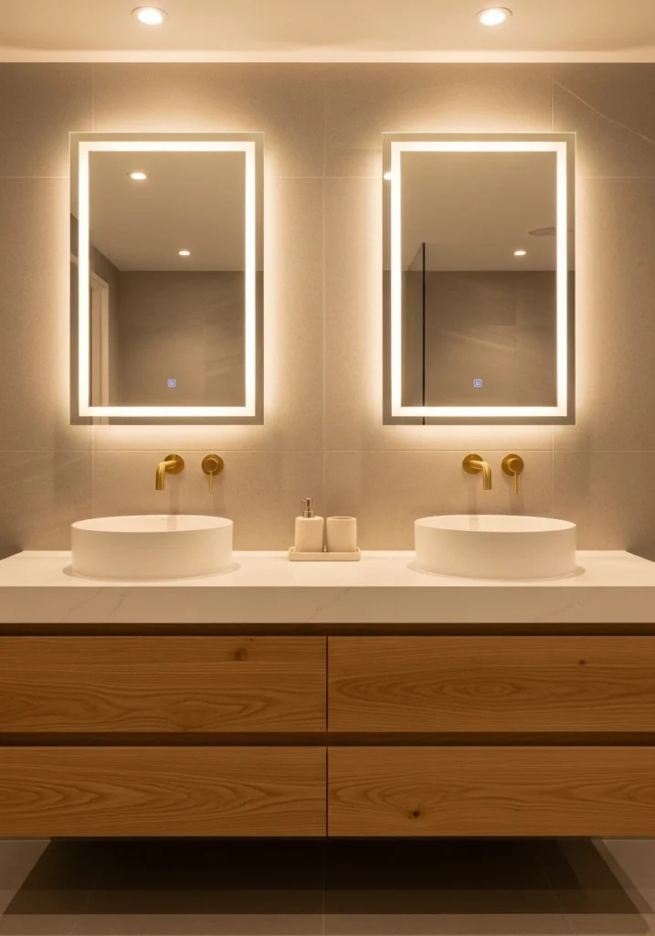  Double vanity with white vessel sinks and gold faucets