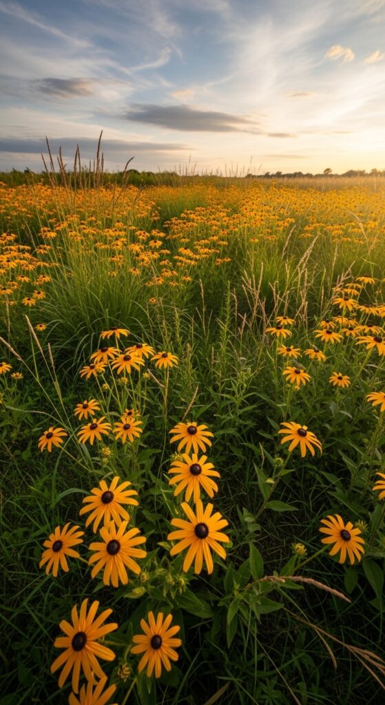 Black-eyed susans blooming across natural meadow with prairie grasses creating dramatic garden