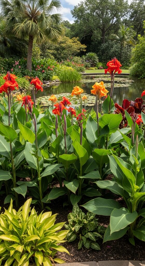 Tall canna lilies with red and orange blooms and large tropical leaves creating dramatic bed