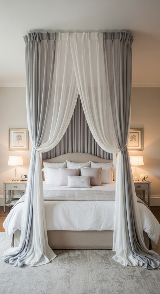 Bedroom with dramatic ceiling-mounted canopy curtains creating romantic dreamy atmosphere