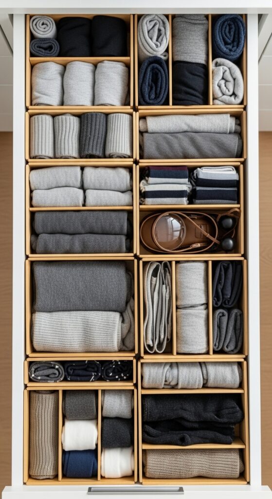 Drawer dividers organizing socks, underwear, and small accessories in neat compartments


