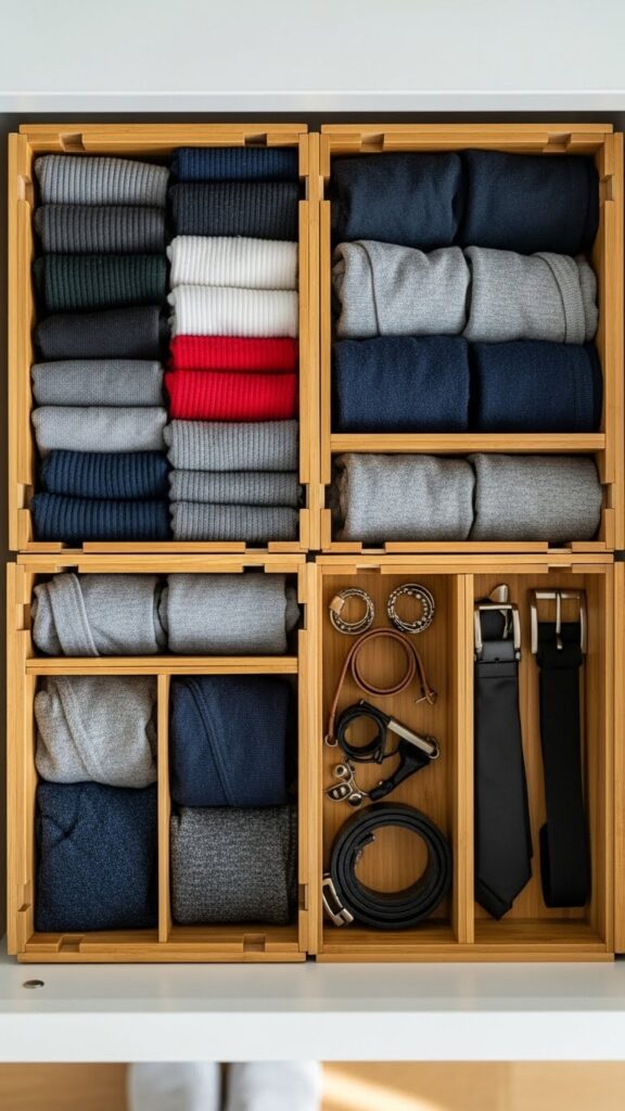 Bamboo drawer dividers organizing kids socks, underwear and small clothing items