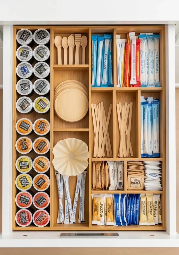 Organized kitchen drawer with compartmentalized coffee supplies, pods, and accessories

