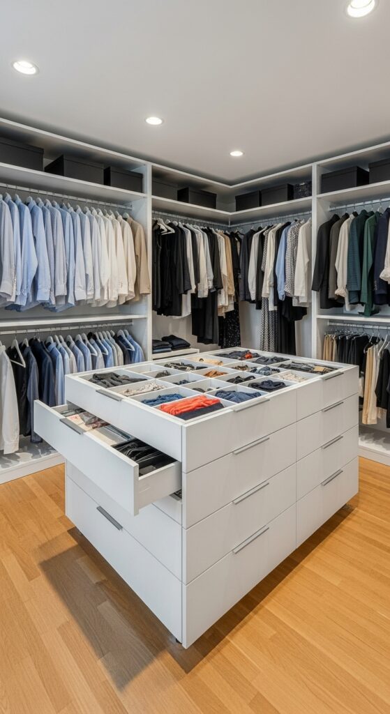 Drawer units positioned under hanging clothes maximizing closet floor space

