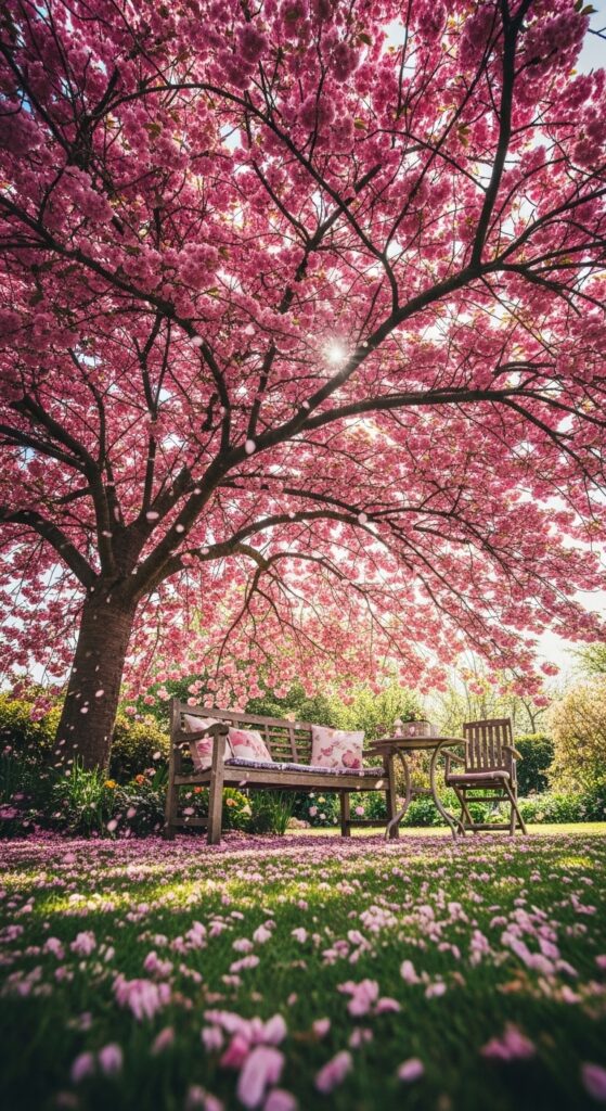 Cherry blossom tree with pink blooms creating overhead canopy with falling petals and garden seating