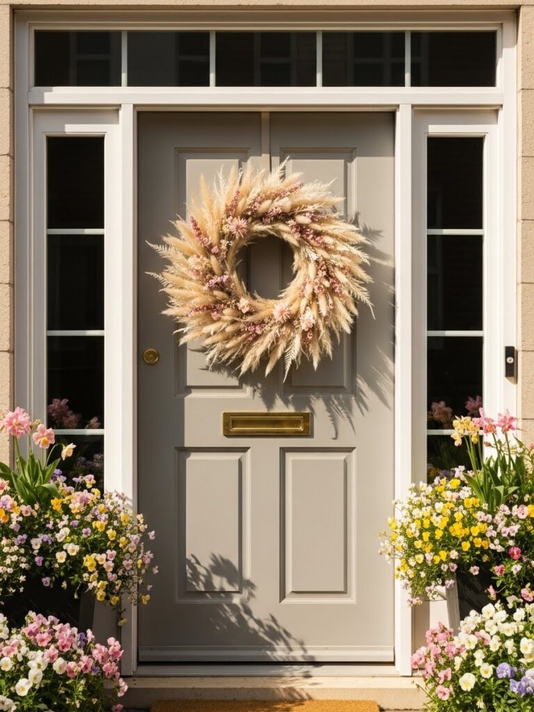 Dried flower spring wreath on a clean front door with colorful side flowers