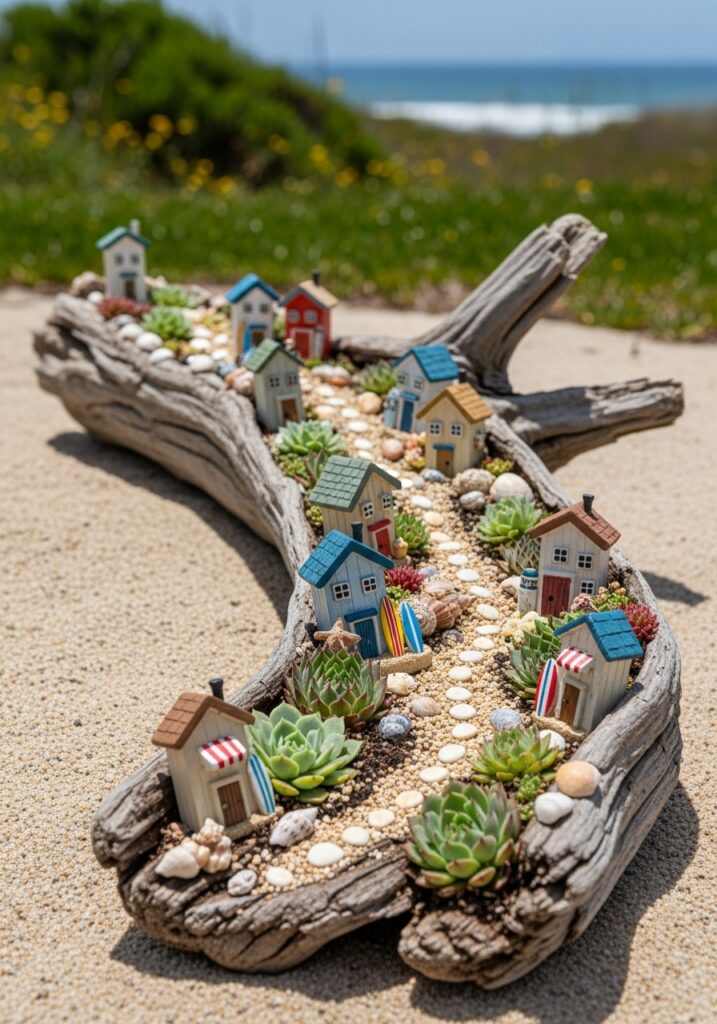 Driftwood fairy garden with beach houses in wood crevices