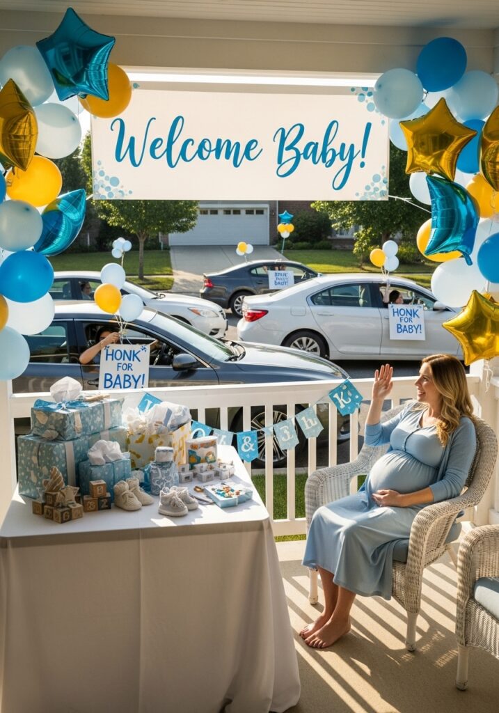 Drive by baby shower setup with decorated porch and outdoor celebration