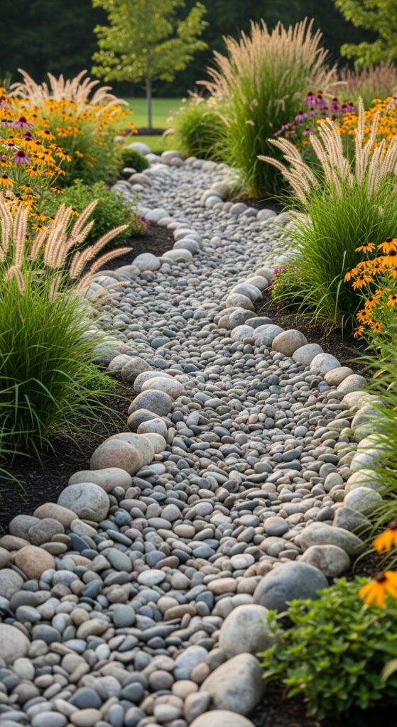 Decorative dry creek bed made with river rocks managing drainage through garden