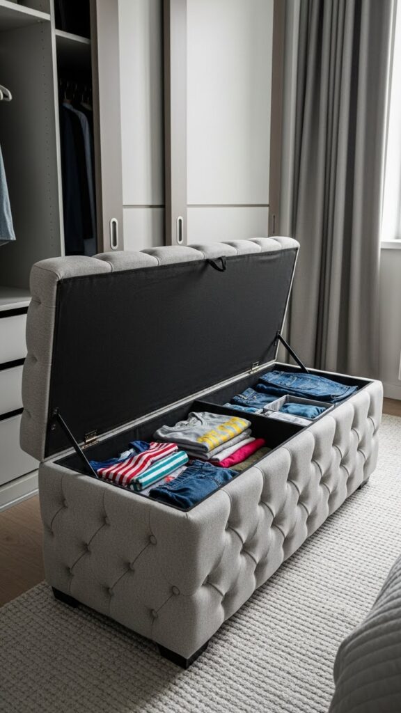 Storage ottoman near apartment closet providing hidden kids clothes storage and seating in dual-purpose furniture