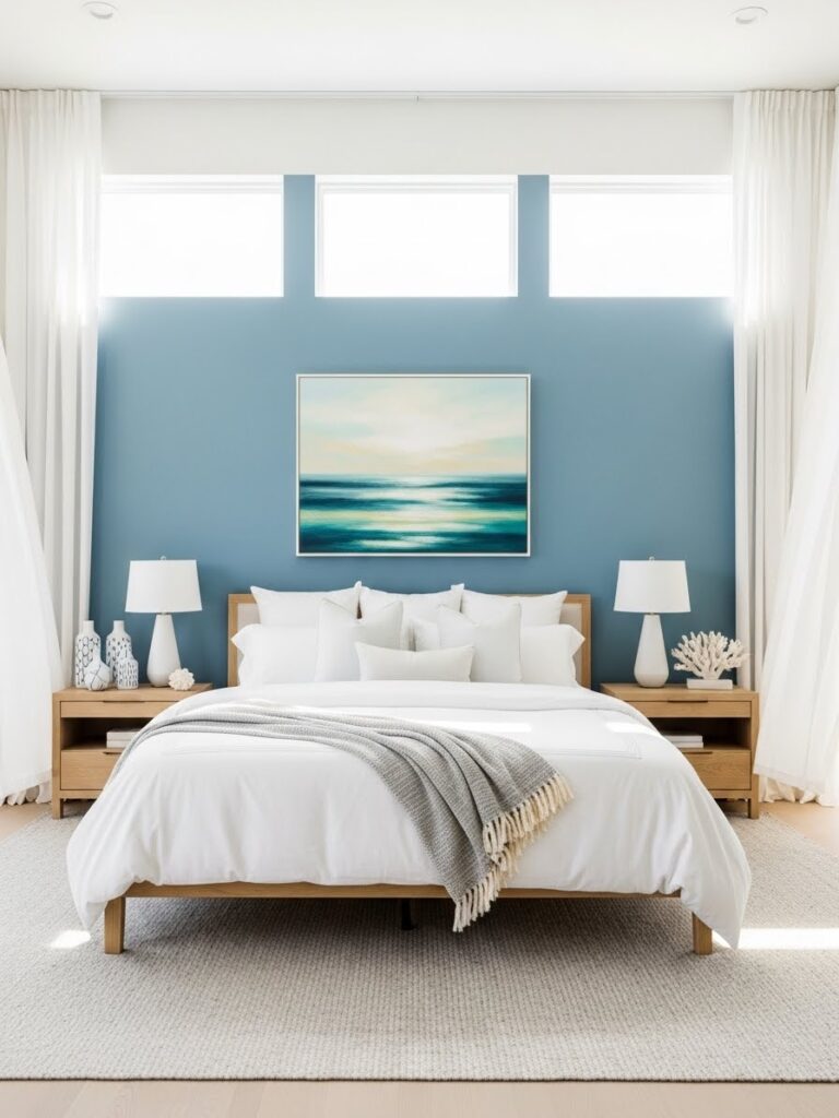 Dusty blue and crisp white modern bedroom with airy aesthetic