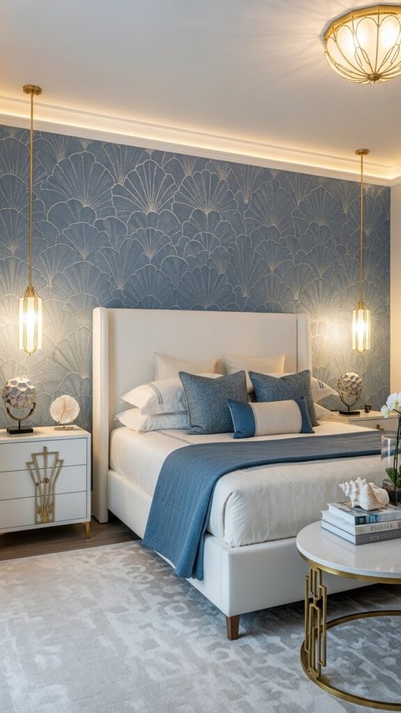 Dusty blue scallop fish-scale pattern wallpaper in Art Deco elegant bedroom