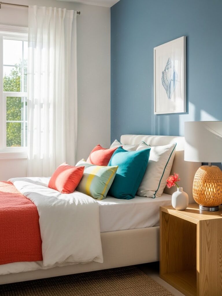 Dusty blue and warm white bedroom with bright modern color accents