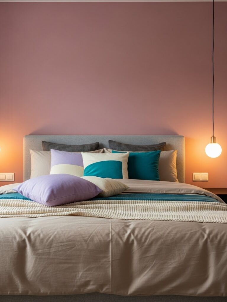 Dusty rose and beige bedroom with cozy colorful styling