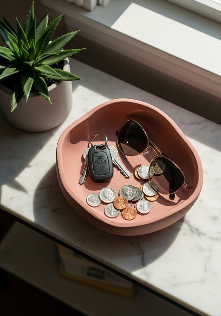 Organic shaped dusty rose air dry clay catchall bowl with keys and sunglasses