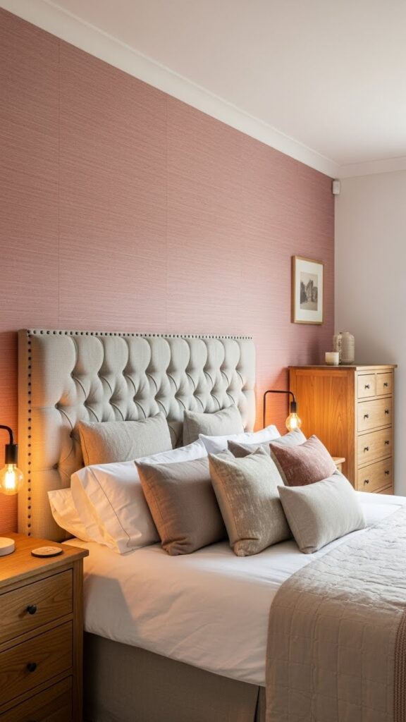 Dusty rose grasscloth textured wallpaper accent wall in elegant bedroom