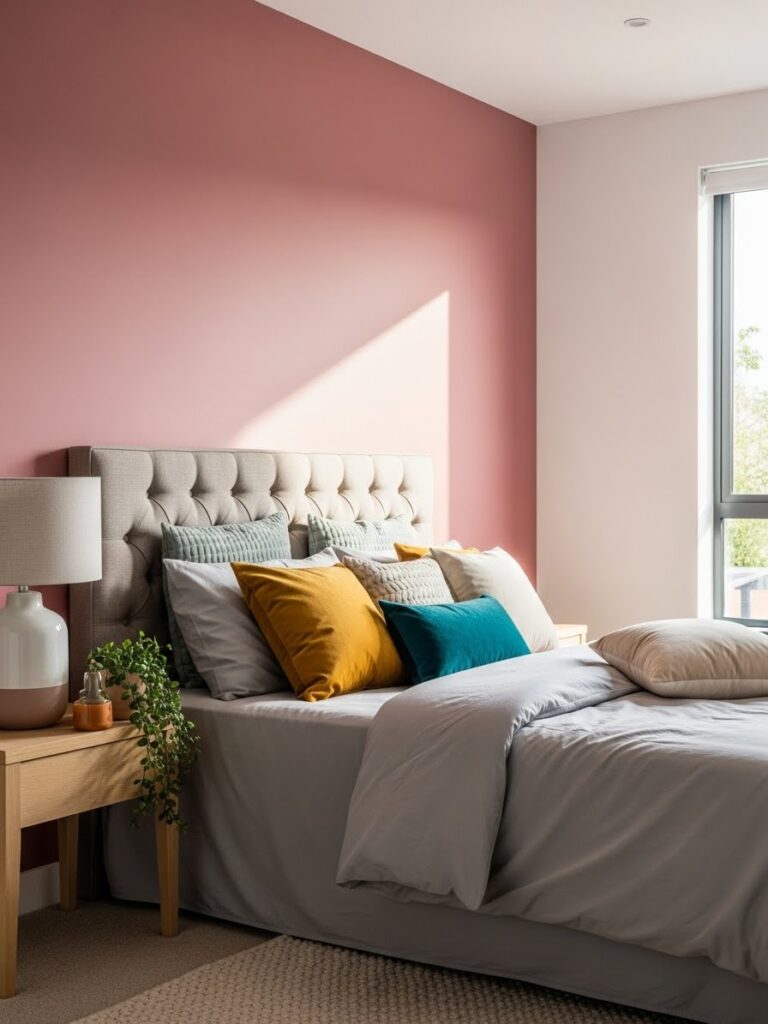 Dusty rose and light gray bedroom with soft modern aesthetic