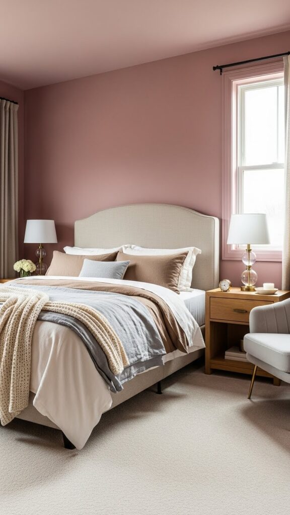  Elegant bedroom with dusty rose pink wallpaper and brass accents