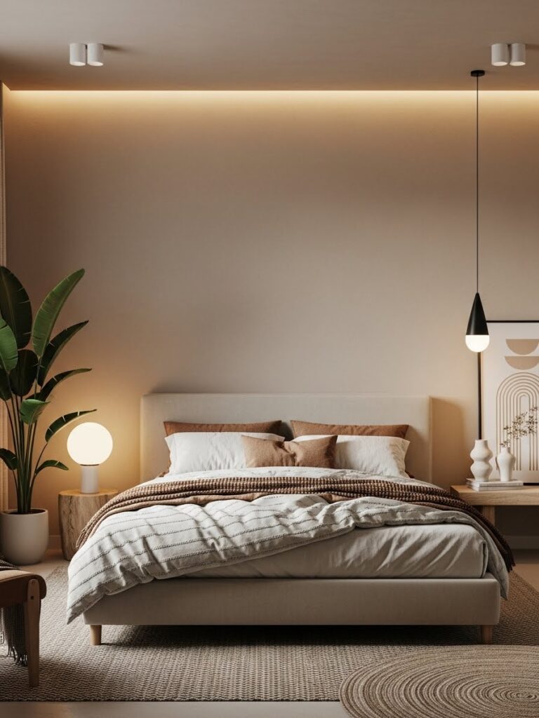 Earthy clay and neutral bedroom color palette with a warm modern full room view