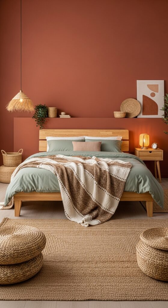 Bedroom with earthy color palette featuring terracotta walls and natural wood furniture