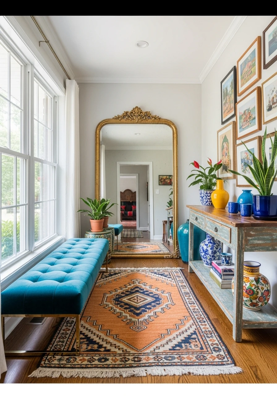 Eclectic entryway mixing vintage and modern furniture styles