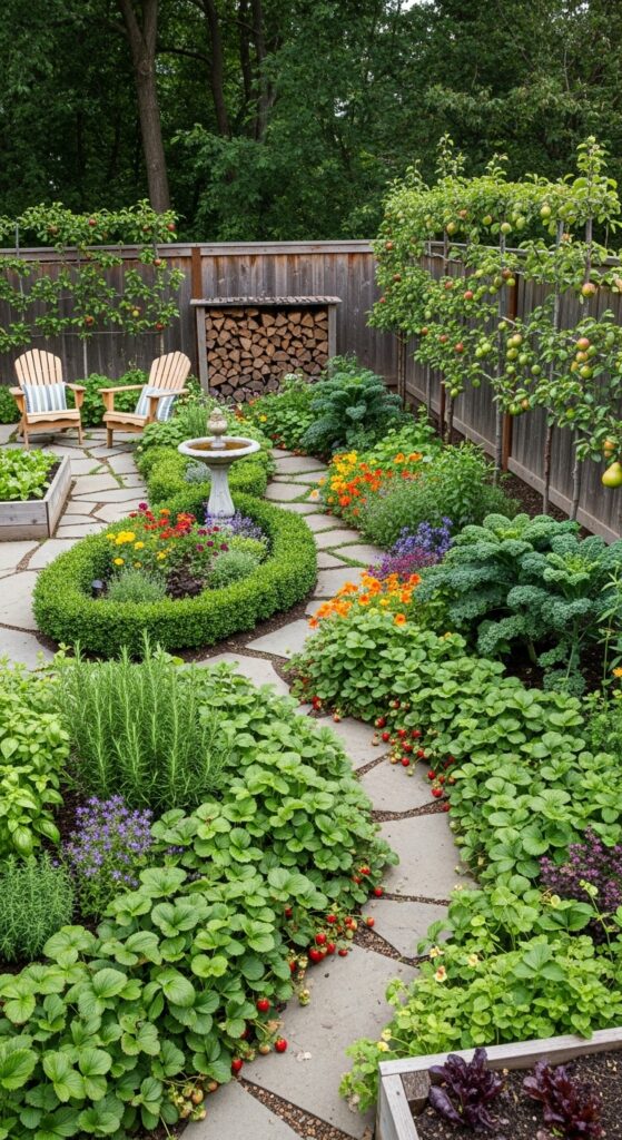 Beautiful edible landscape combining fruit bushes, herbs, and vegetables in attractive garden design