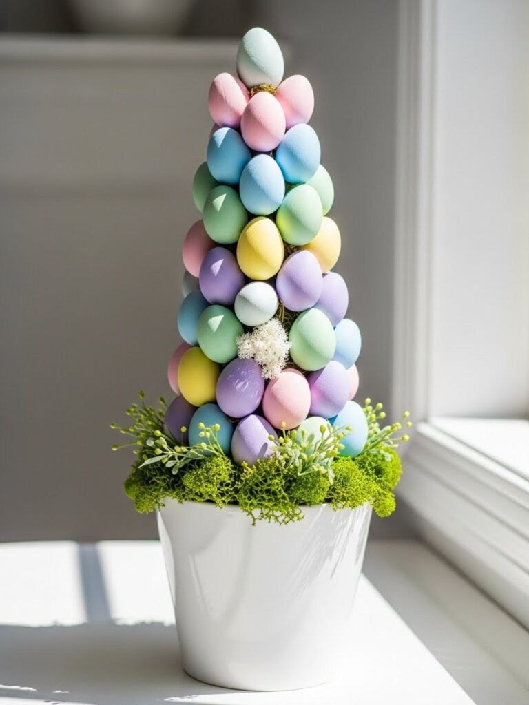 Pastel egg topiary in a white planter creating playful spring home decor indoors