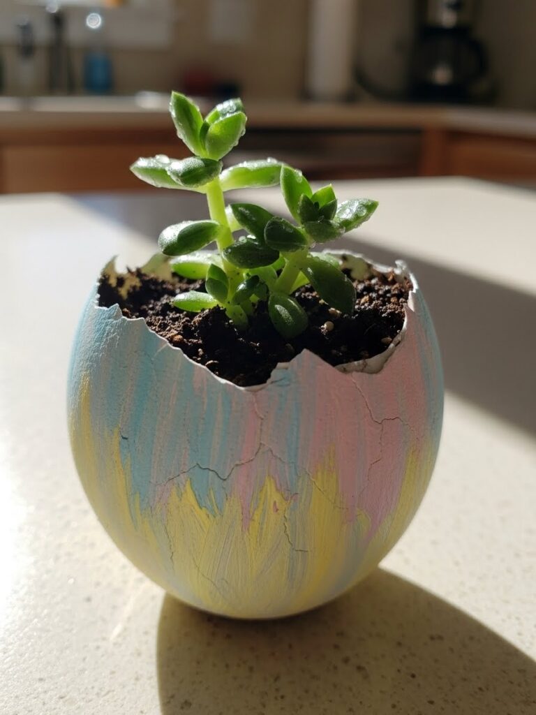 Close-up of painted eggshell planter with mini succulent creating playful spring DIY decor