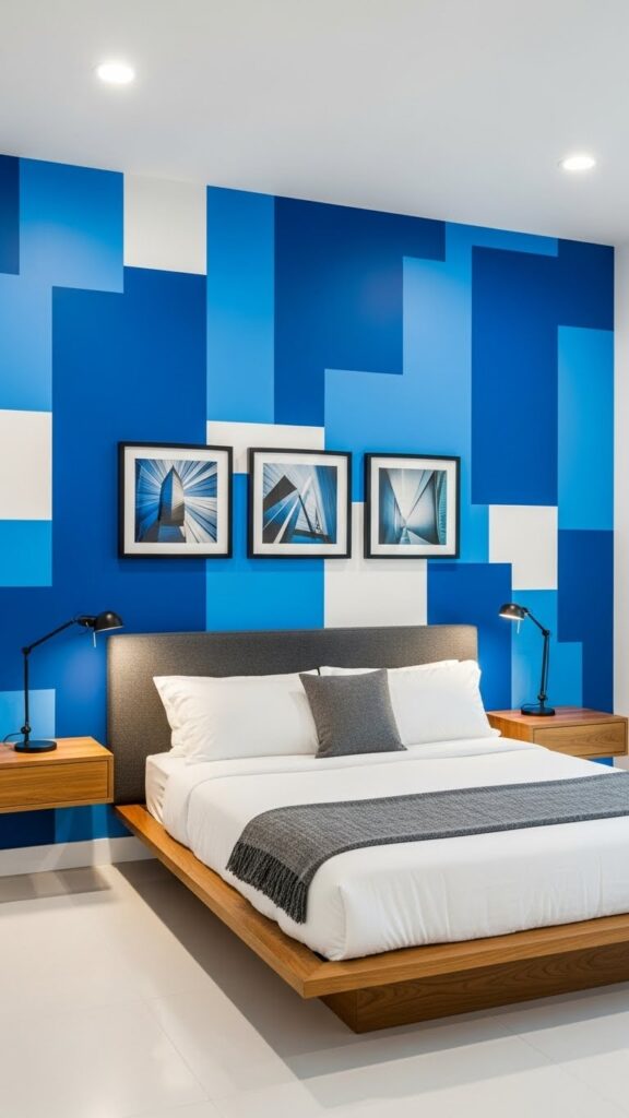 Electric blue color block geometric wallpaper in bold modern bedroom