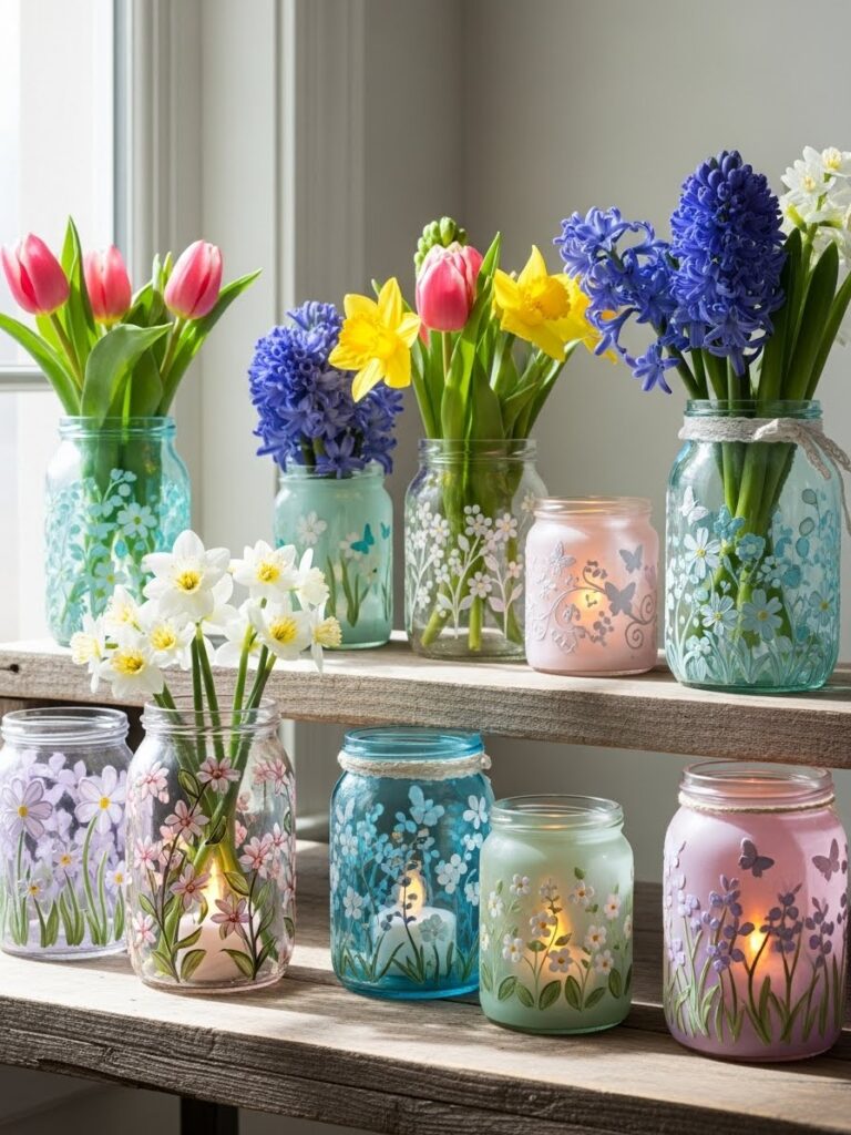 Elegant glass jar crafts styled for spring home decor