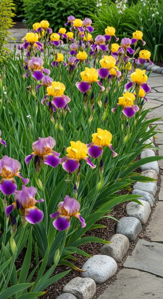  Purple and yellow bearded iris blooming along pathway with sword-like foliage creating border