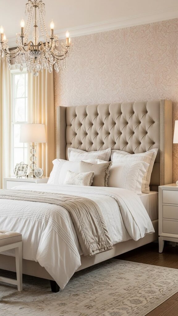 Elegant bedroom with modern pink damask pattern wallpaper and traditional elements