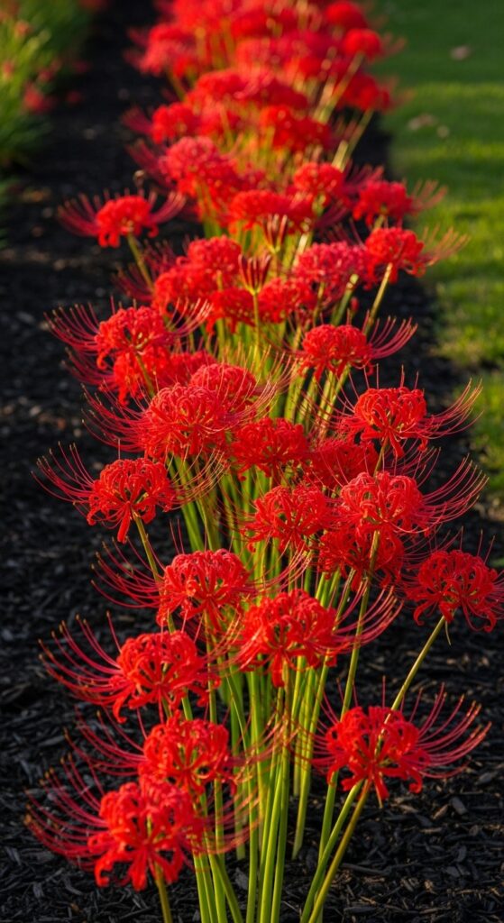 Red spider lilies with spidery blooms on tall stems creating elegant dramatic garden border