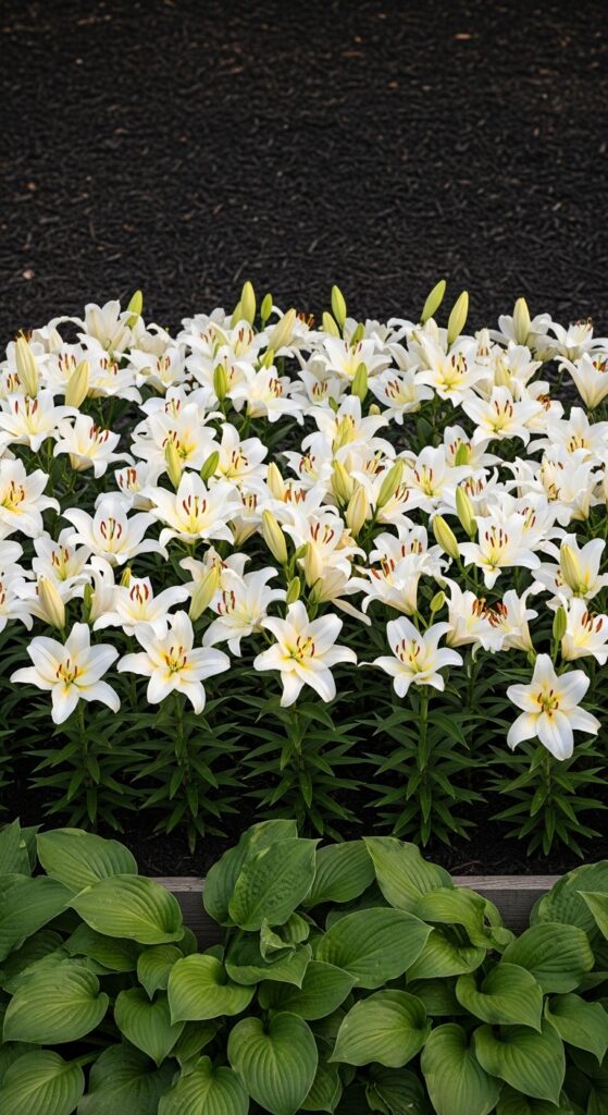 White oriental lilies in raised garden bed with dark mulch and green hostas creating elegant design