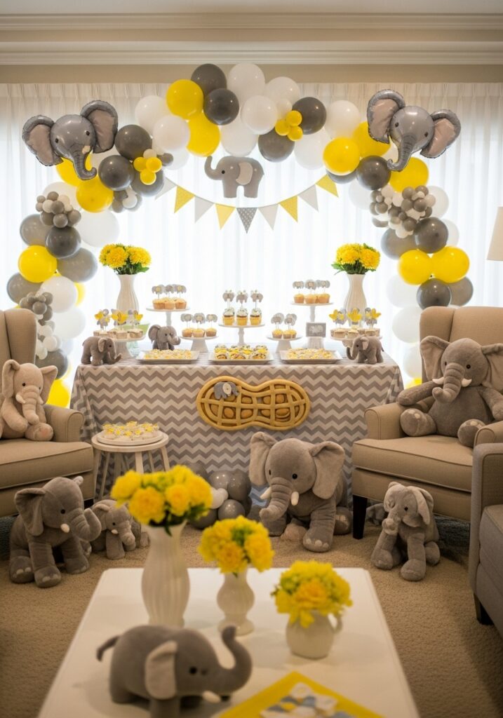 Elephant baby shower with gray and yellow decorations and elephant themed setup