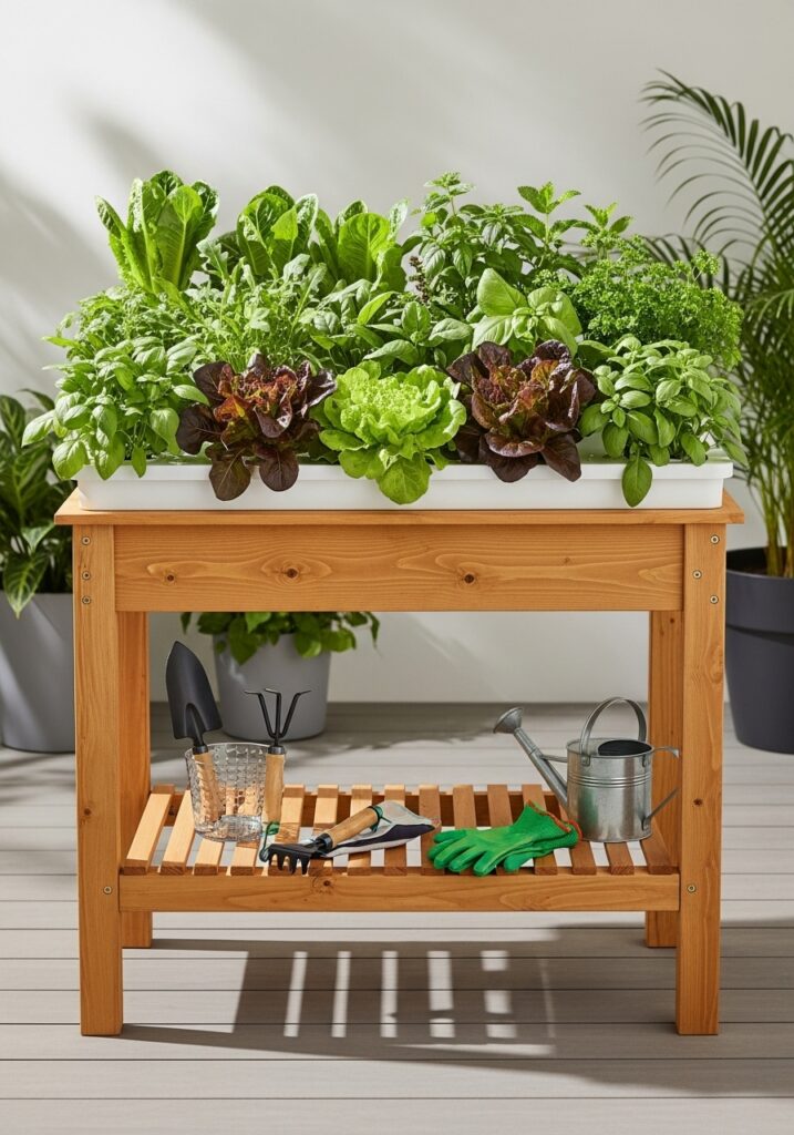 Waist-high elevated garden table for standing-height gardening with greens