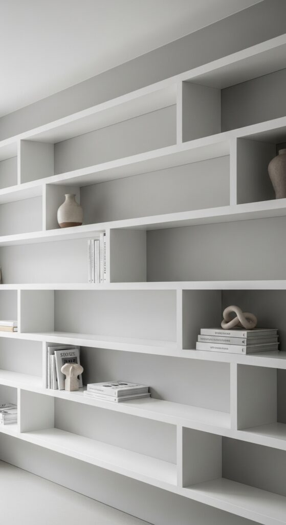 Built-in shelves with intentional empty space creating clean minimal look