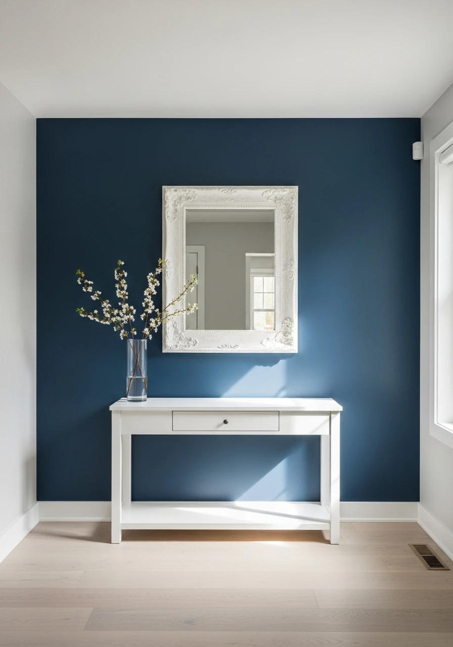Navy blue accent wall in modern entryway with white furniture