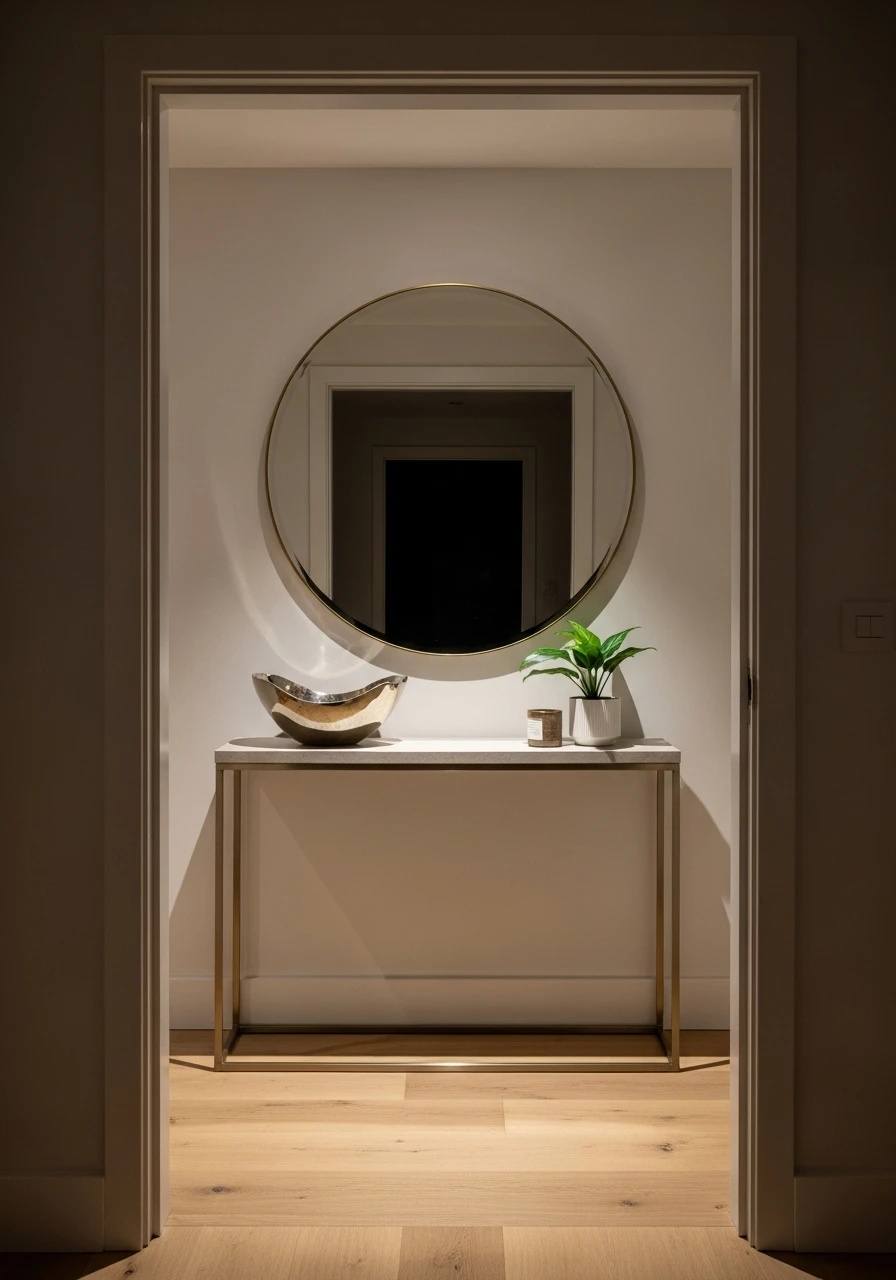 Entryway with console table and round statement mirror