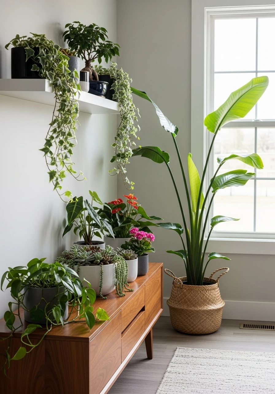 Corner filled with multiple plants at different heights in entryway