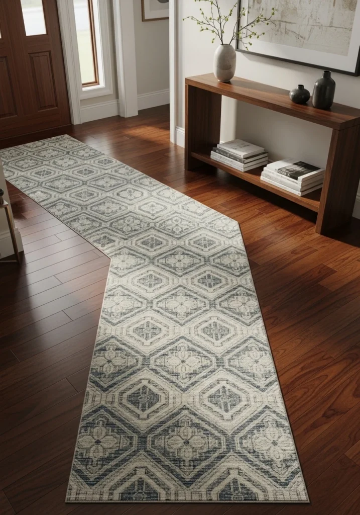 Geometric pattern runner rug in hardwood entryway