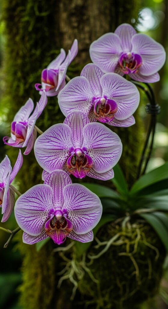  Purple and white Phalaenopsis orchids mounted on tree trunk in tropical garden setting