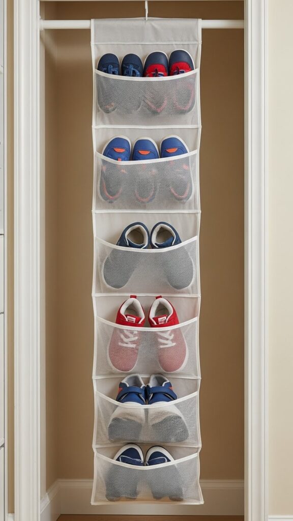 Expandable hanging organizer accommodating different shoe and accessory sizes as kids grow