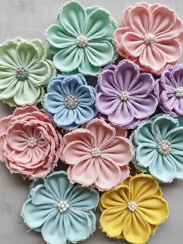 Fabric flower crafts made from leftover materials for spring decor
