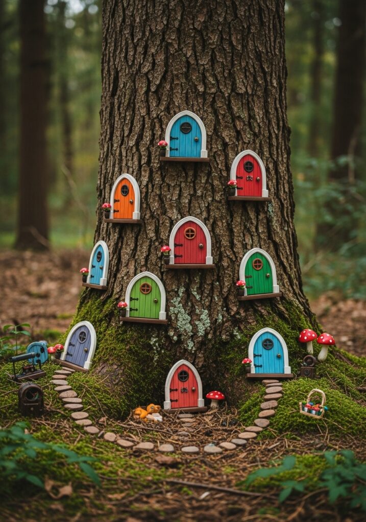 Tree trunk with multiple fairy doors and miniature garden at base