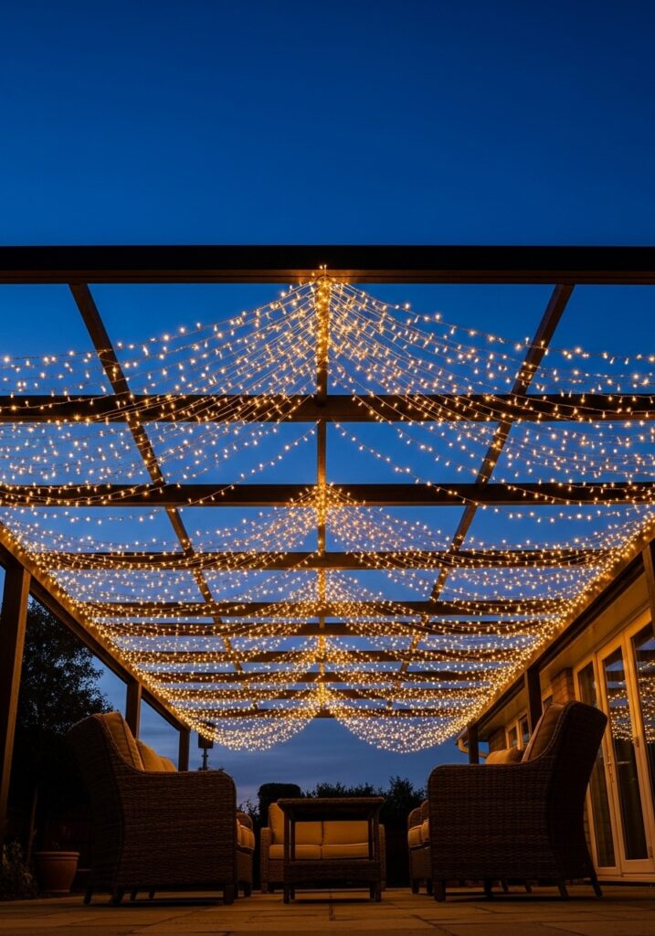 Delicate fairy lights on copper wire creating magical canopy over outdoor patio seating at twilight