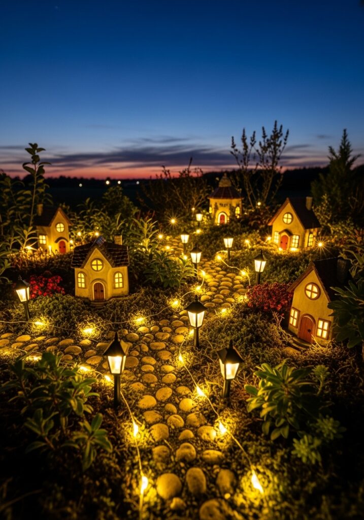 Fairy garden with miniature lights illuminating pathways at dusk
