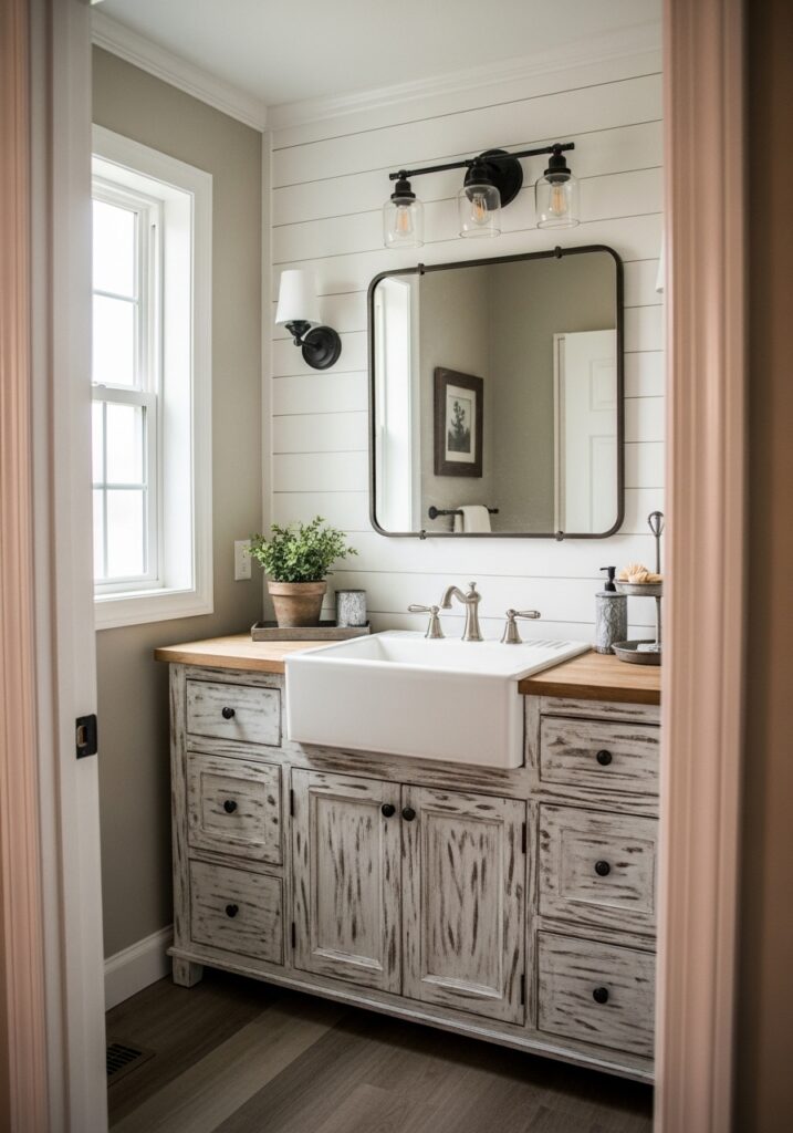  Distressed white wood farmhouse bathroom vanity with shiplap wall and vintage mirror